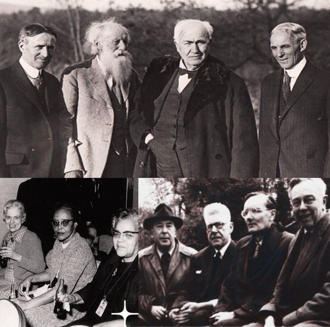 Iconic mastermind groups: J.R.R. Tolkien and C.S. Lewis discussing creative ideas at The Eagle and Child pub, and Katherine Johnson, Mary Jackson, and Dorothy Vaughan collaborating on mathematical solutions that propelled space exploration.